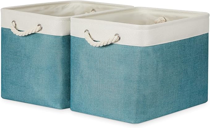 Bidtakay Foldable Storage Bins Set of 2 Tall Cloth Baskets 16" X 11.8" X 11.8" Decorative Organizers for Linen Closet (White & Teal)-CubbioJoy