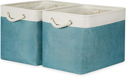 Bidtakay Foldable Storage Bins Set of 2 Tall Cloth Baskets 16" X 11.8" X 11.8" Decorative Organizers for Linen Closet (White & Teal)-CubbioJoy