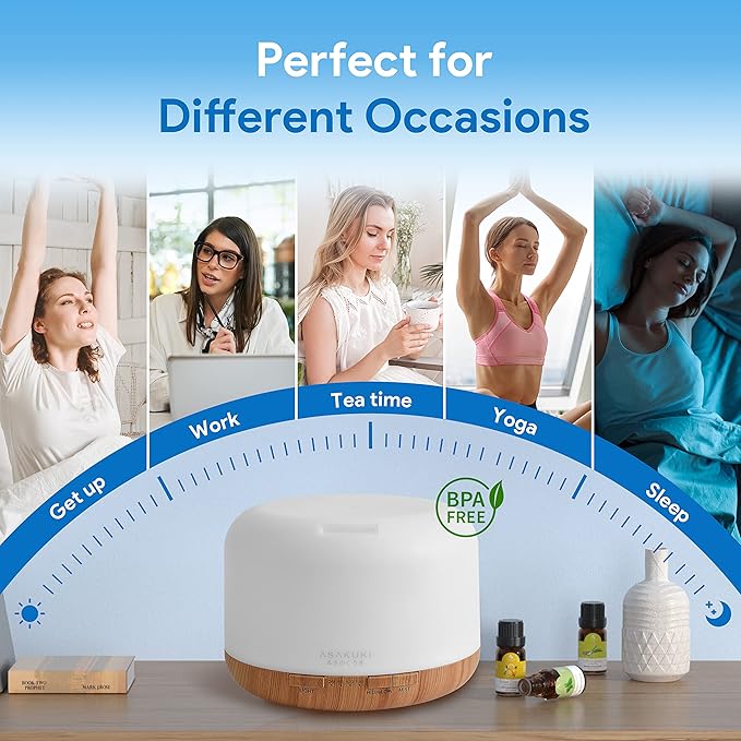 ASAKUKI Essential Oil Diffuser 500ml, Ultrasonic Aromatherapy Humidifier with Remote Control, 7 LED Colors, Timer & Auto-Off, Large Room Diffuser-CubbioJoy
