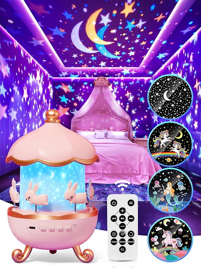 Carousel Night Light for Kids, 10 Music+15 Films+315 Colors Star Projector for Kids Night Light Projector,360°+Remote+1200mah Star Lights for Ceiling, Unicorn Toys for Girls Room Decor Princess Gifts-CubbioJoy