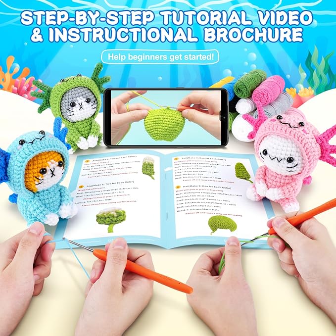 Crochet Kit for Beginners - 3 PCS Axolotl Cat Crochet Kits with Step-by-Step Video Tutorials, Beginner Crochet Kit for Adults, Crochet Cat Dressed as Axolotl Set (Blue & Green & Pink)-CubbioJoy