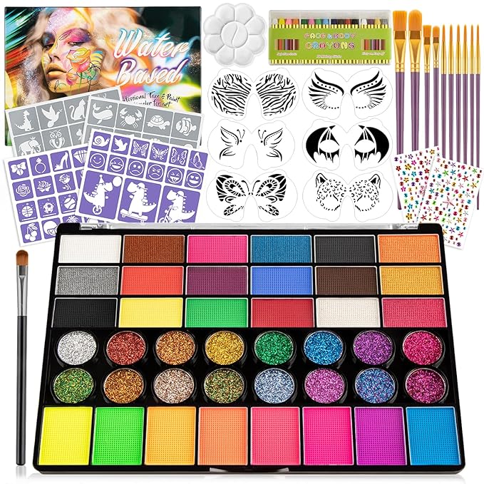 42 Color Face Painting Kit for Kids-Non Toxic Water Activated Face Paint Palette with 16 Crayons,6 Reusable & 63 Sticky Stencils,Brushes,Gems.Ideal Choice for Carnival,Halloween,Parties,Makeup etc.-CubbioJoy