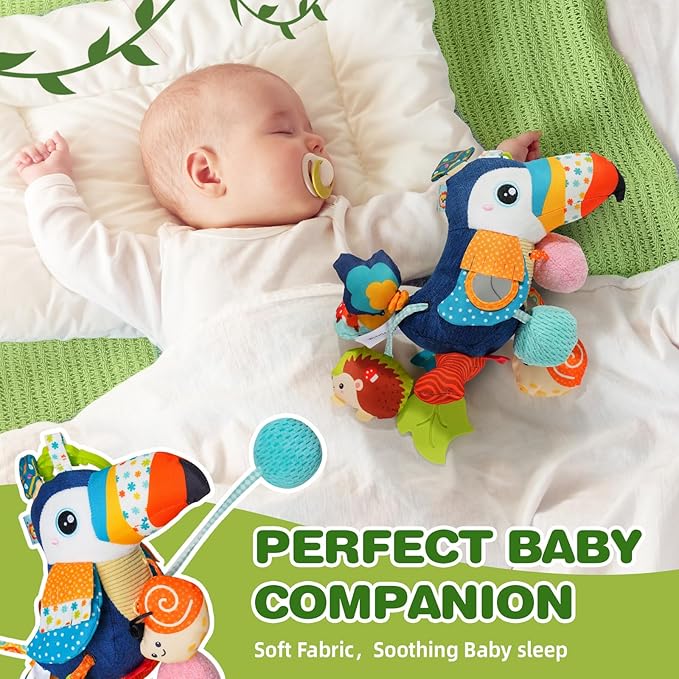 Jollybaby Musical Activity Pull String Hanging Toy for Baby Stroller Car Seat Crib Play Gym, Plush Stuffed Toucan Toy for Carseat with Music Teether Rattles, Sensory Toy for Baby Gift-CubbioJoy