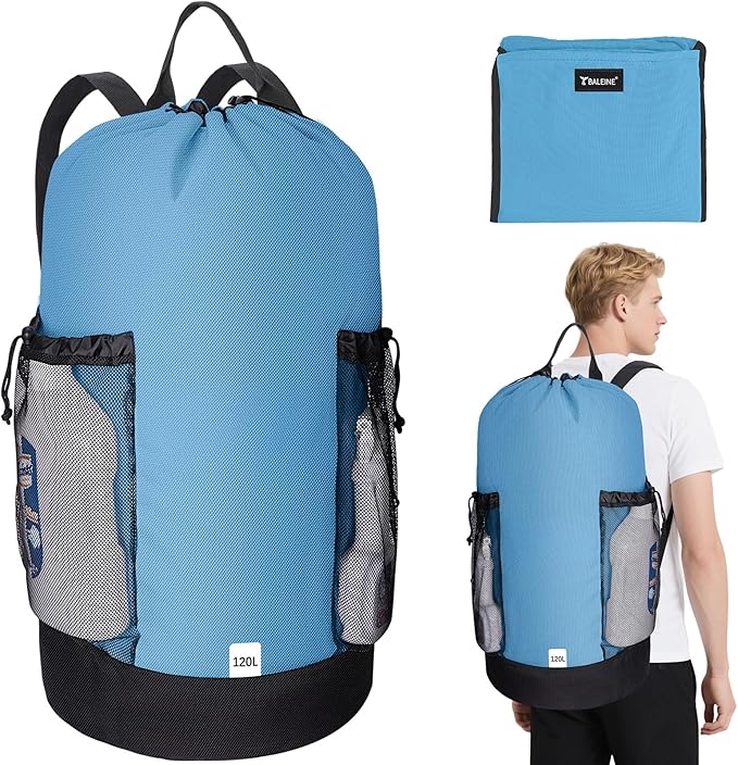 BALEINE 120L Laundry Bag Backpack, 900D Oxford Fabric Large Travel Laundry Bags with Shoulder Straps and 2 Mesh Pockets for College Dorm, Apartment, Laundromat (Blue, 120L)-CubbioJoy