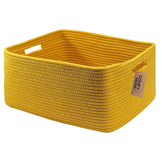 COMFY-HOMI Cotton Rope Woven Basket with Handles for Shelves,Toys,Book, Cloth Storage Baskets for Organizing-17" x 13" x 7.5" Toy Decorative Organizer for Living Room, Bathroom （Yellow）-CubbioJoy