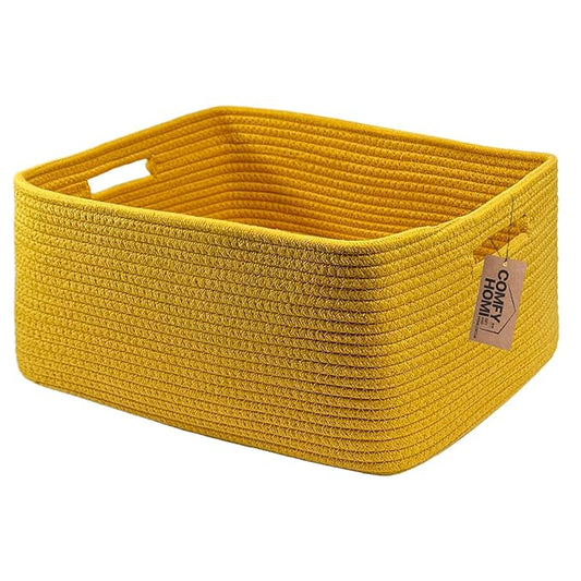 COMFY-HOMI Cotton Rope Woven Basket with Handles for Shelves,Toys,Book, Cloth Storage Baskets for Organizing-17" x 13" x 7.5" Toy Decorative Organizer for Living Room, Bathroom （Yellow）-CubbioJoy