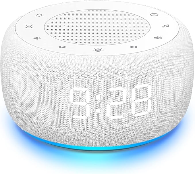 Buffbee Sound Machine & Alarm Clock 2-in-1, 0-100% Clock Face Brightness, Bottom Colored Light, Sleep Timer, Precise 30-Level Volume Control White Noise Machine - White-CubbioJoy