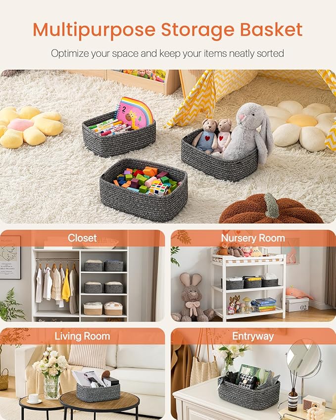 KALLAX Small Woven Basket, 12 x 8 x 4.5 Inches, Storage Basket for Organizing, Cute Small Rope Shelf Closet Cube Storage Bins Baskets for Shelves, Dog Toy Gift Baskets Empty, 3 Pack Mixed Black-CubbioJoy