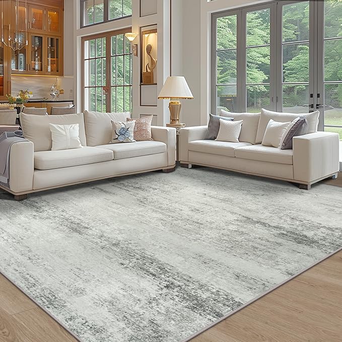 Area Rug 9x12 Washable Rugs: Abstract Large Living Room Rugs with Non-Slip Backing, Thin Carpet for Dining Room Table Bedroom Nursery Indoor Home Office-Gray-CubbioJoy