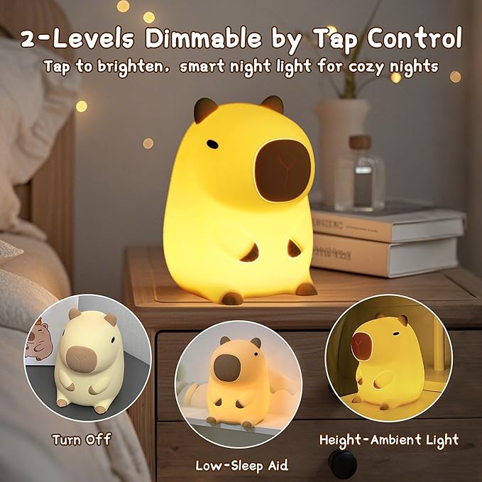 Cute Capybara Night Light, LED Squishy Novelty Animal Night Lamp,2 Levels Dimmable/Timer Nursery Nightlight for Kids, Rechargeable Touch Bedside Lamp, Bedroom/Dorm Decor, Baby Boys Girls Gifts-CubbioJoy