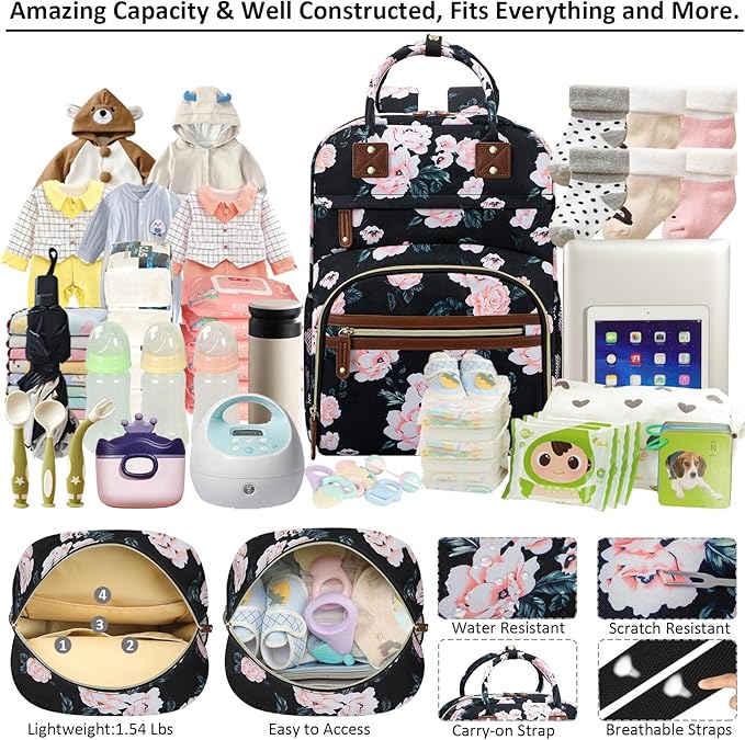 Diaper Bag Backpack Tote for Women Large Capacity with Insulated Pockets Multifunctional Diaper Bags For Baby Girl Boy Waterproof Baby Bags, Maternity Bag Black Pink Floral-CubbioJoy