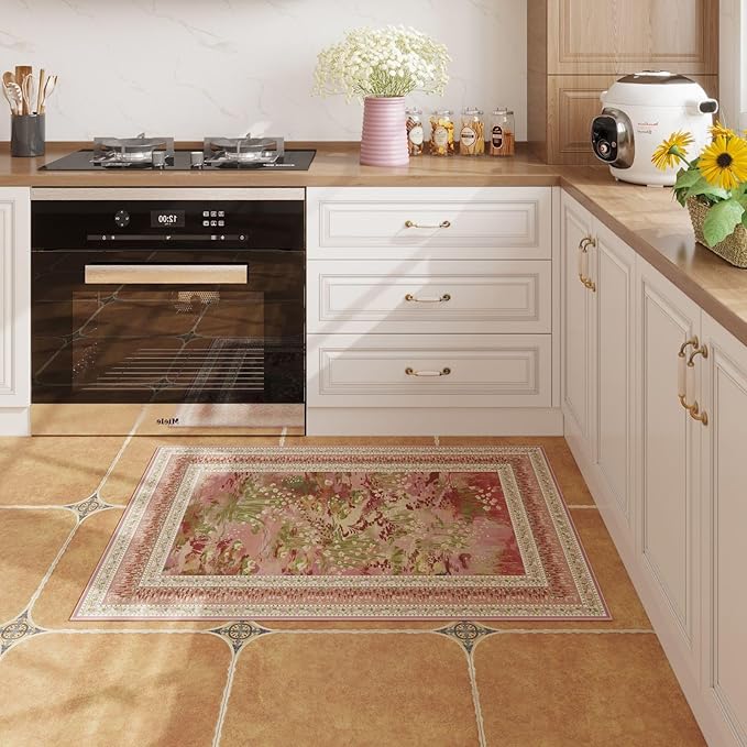 2x3 Rug Impressionist-Style Vintage Indoor Door Mat Machine Washable Small Area Rug Non-Slip Low Pile Throw Rugs for Entryway Kitchen Front Door Indoor Entrance Entry Kids Room, Pink-CubbioJoy