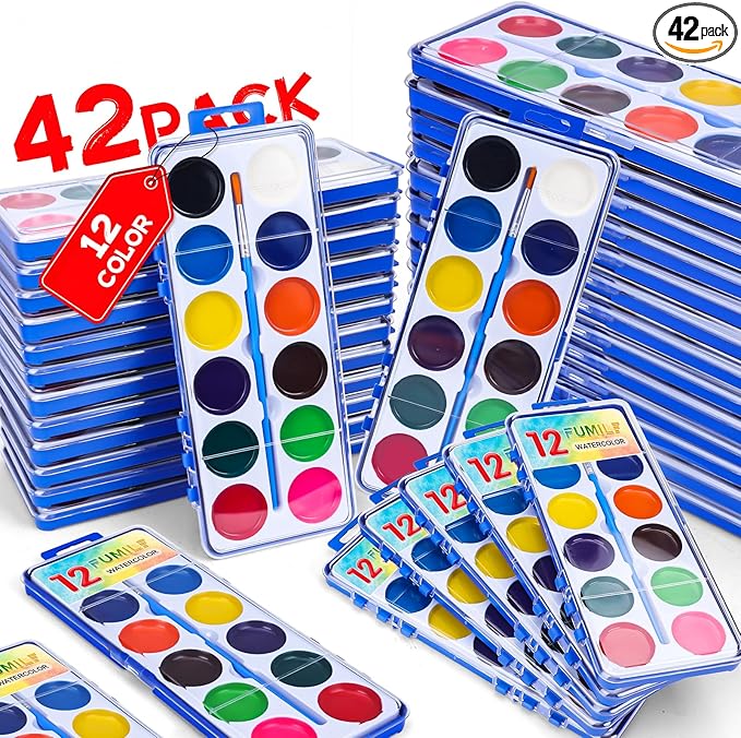 42 Pack Watercolor Paint Set for Kids, 12 Colors Watercolors Paints with Paint Brush, Kids Watercolor Paint Set for Party Favor, Classroom.-CubbioJoy