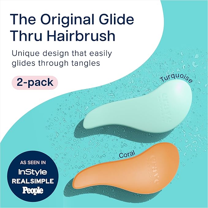 Crave Naturals Glide Thru Hair Brush - 2 Pack Detangler Brush for Curly, Straight, Wet or Dry Hair - Gentle Detangling Brushes for Adults, Kids, Toddlers, 7.5"x3" - Coral and Turquoise-CubbioJoy