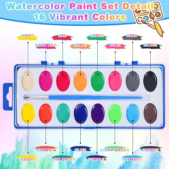 15 Pack Watercolor Paint Set for Kids, 16 Colors Washable Water Colors with Paint Brushes, Washable for Classroom Party Favor Art Activities-CubbioJoy