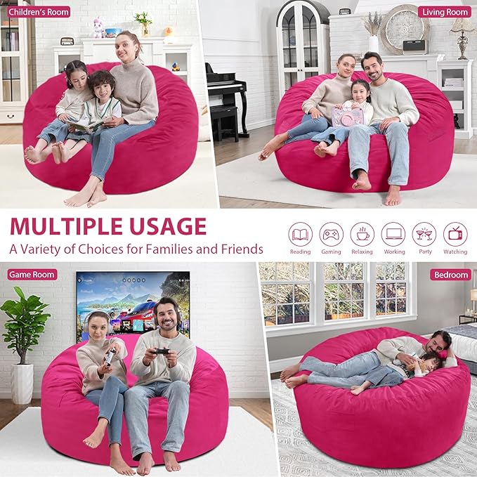 5FT Bean Bag Chair, Large Bean Bag Chairs with Memory Foam Filled, Fluffy Beanbag Sofa with Dutch Velvet Cover, Round BeanBag Chairs for Living Room, Playroom - Pink-CubbioJoy