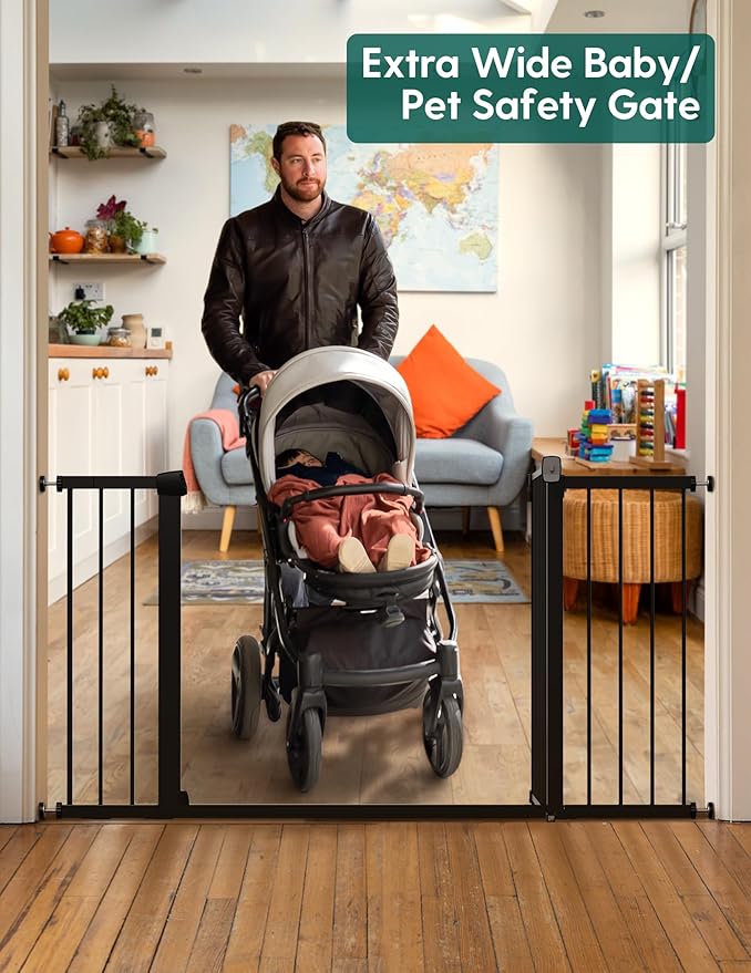 BABELIO 36-57" Extra Wide Baby/Dog Gate, Auto Close for The House, Stairs and Doorways, Pressure Mounted for Pet with Large Walk Thru Door, No Need Tools and Drilling, Black-CubbioJoy