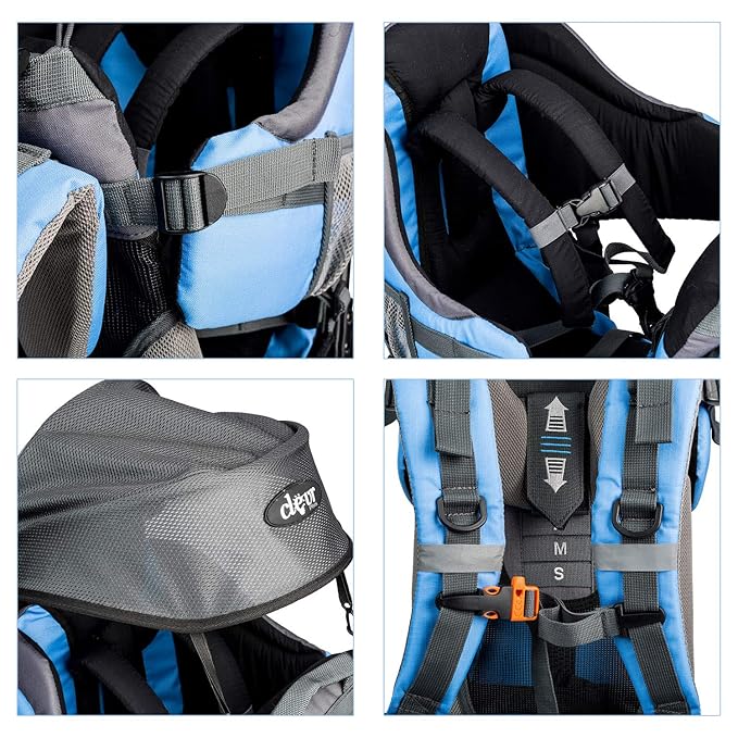 ClevrPlus Canyonero Camping Baby Backpack Hiking Kid Toddler Child Carrier with Stand and Sun Shade Visor, Blue-CubbioJoy