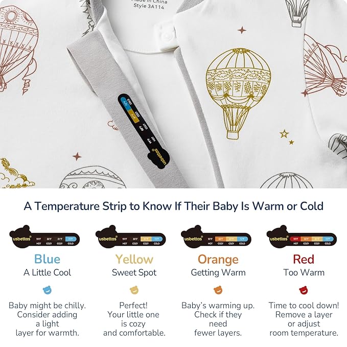 Baby Sleep Sack 12-18 Months, Cotton Detachable Long Sleeve Sleep Sack, 1.0 Tog Toddler Sleeping Sack with Temperature Strips, 2-Way Zipper Wearable Blankets for Newborns, Hot Air Balloon-CubbioJoy