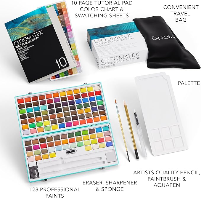 CHROMATEK Watercolor Paint Set – 128 Vibrant Colors for Artists & Beginners with Palette – Includes Metallic, Fluorescent, Pastel & Opaque Shades, Brushes, Pad, Swatch Sheets & Travel Case-CubbioJoy