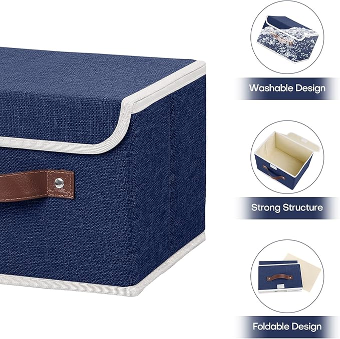 ANMINY Storage Bin with Lid Storage Boxes with PU Leather Handles PP Plastic Board Decorative Foldable Lidded Cotton Linen Fabric Home Cubes Baskets Closet Organizer Container - Blue, Small Size-CubbioJoy