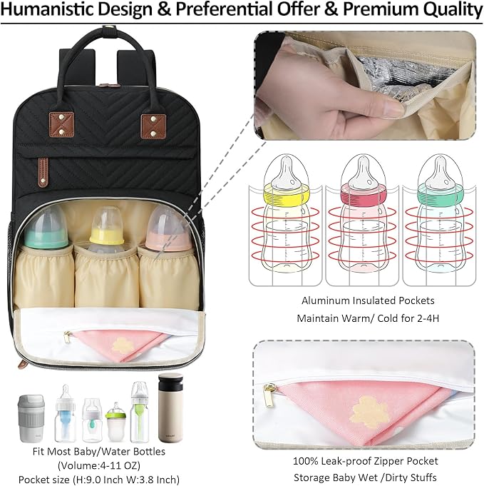 Diaper Bag Backpack for Women Large Capacity with Insulated Pockets Multifunctional Diaper Bags For Baby Girl Boy Waterproof Baby Bags For Mama Maternity Travel Bag Black-CubbioJoy