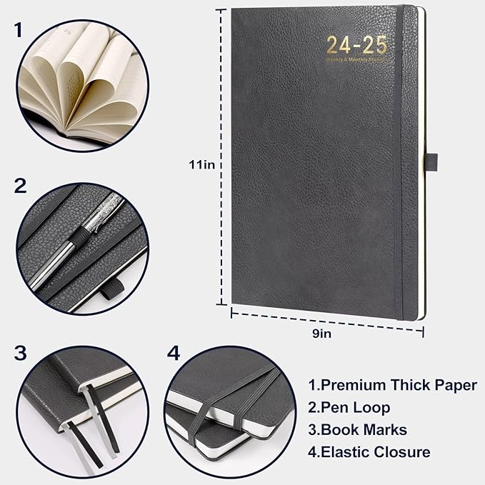 2024-2025 Planner - 2025 Planner Weekly and Monthly, Jul. 2024 - Jun. 2025, 8.5" x 11", Leather Cover Planner with Thick Paper, Back Pocket with Notes Pages - Grey-CubbioJoy