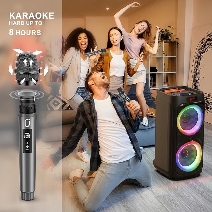 JYX Karaoke Machine with 2 Wireless Microphones for Adults, 8" Big Bluetooth Party Speaker with 500W Peak Power, PA System with LED Disco Light, Rolling Wheels and Trolley, Perfect for Outdoor Home-CubbioJoy