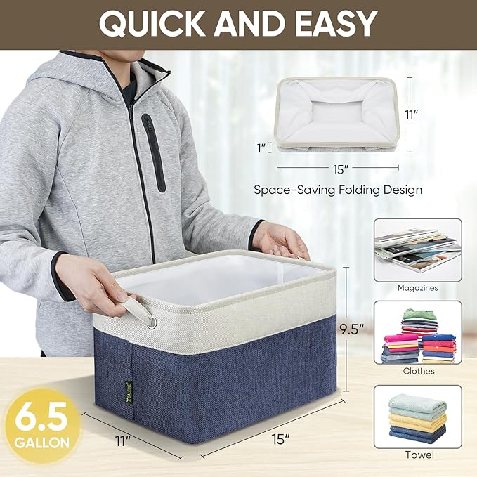 BALEINE 1 Pack Fabric Storage Bins for Shelves, Linen Storage Baskets for Organizing, Decorative Closet Bins for Clothes, Home (Navy Blue, 15''x11''x9.5'')-CubbioJoy