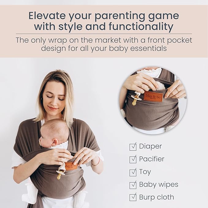Baby Wrap Carrier - Premium Cotton Baby Carrier Wrap for Newborn to Toddler- Infant Carrier for Babies 8-35 lb - Baby Holder One Size Fits All with Front Pocket by Max&so-CubbioJoy