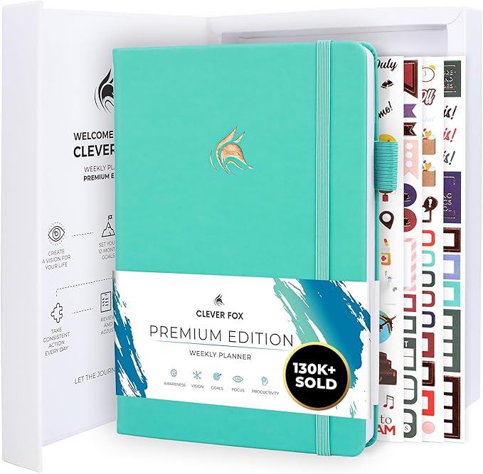 Clever Fox Planner Premium Edition – Undated Luxurious Weekly & Monthly Planner to Increase Productivity and Hit Your Goals – Organizer – Start Anytime, A5, Lasts 1 Year, Light Turquoise (Weekly)-CubbioJoy