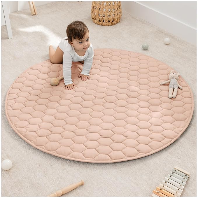 Comfy Cubs Round Kids Play Mat - Medium 48 inches Soft Quilted Baby Floor Mat with Non-Slip Bottom - Plush Design for Toddlers' Playtime and Relaxation - Comfortable and Durable - Blush-CubbioJoy