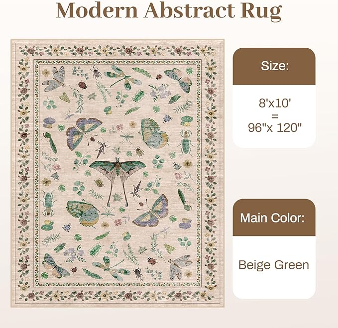 8x10 Area Rugs with Insect Print - Bug Rug Non-Shedding Stain Resistant Soft Carpet for Bedroom, Low Pile Ultra-Thin Machine Washable Carpet for Dining Room, Kids Nursery, Office (8'x10' Beige)-CubbioJoy