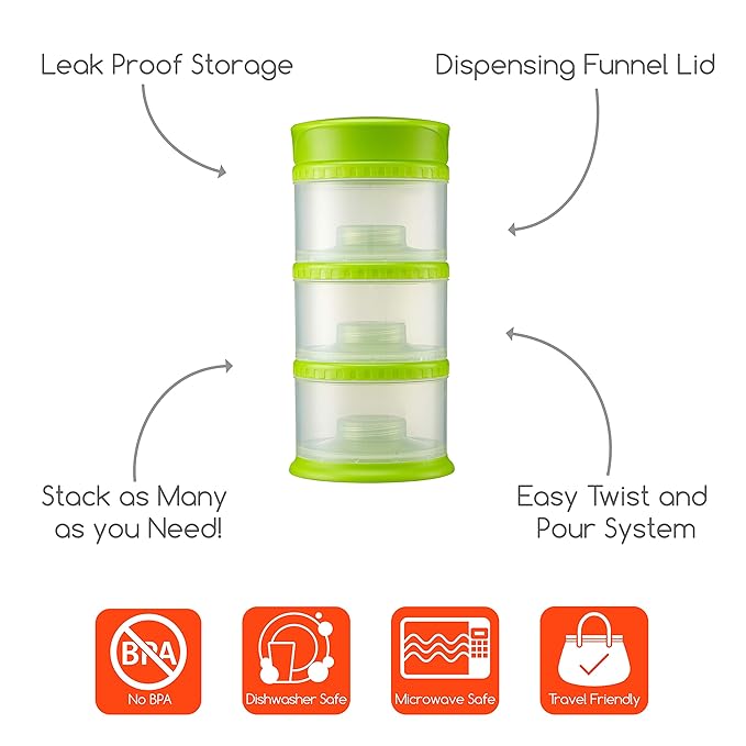 Innobaby Packin' Smart Stackable and Portable Storage System for Formula, Liquid, Baby Snacks and More. 3 Stackable Cups in Lime. BPA Free, 12 Ounce-CubbioJoy