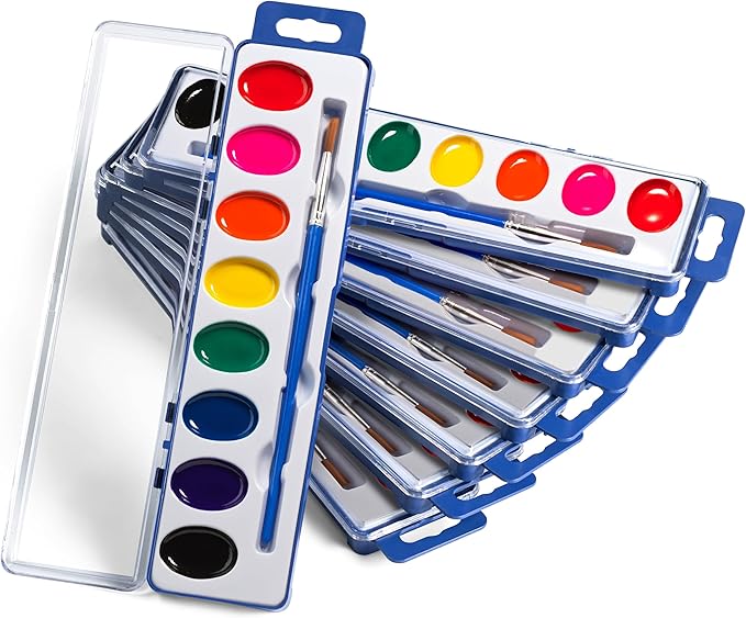 Bedwina Watercolor Paint Sets for Kids - Bulk Pack of 12, 8 Washable Water Color Paints in Palette Tray and Painting Brush for Coloring, Art, Classrooms and Paint Party Supplies-CubbioJoy