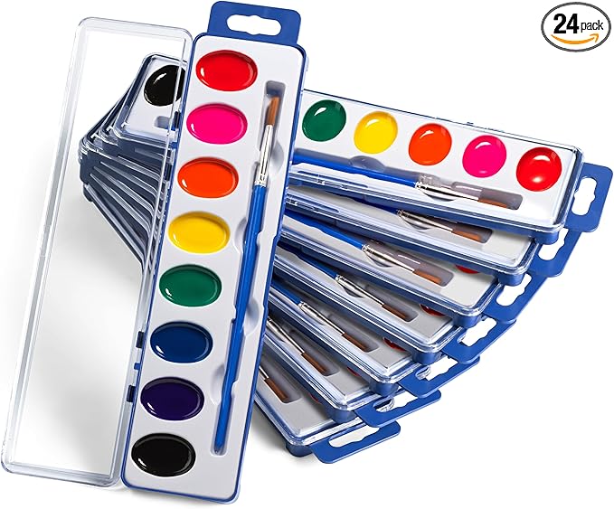 Bedwina Watercolor Paint Set- Bulk Of 24 Sets - 8 Water Color Washable Paints, Palette Tray and Painting Brush, for Art Schools and Paint Party Supplies-CubbioJoy
