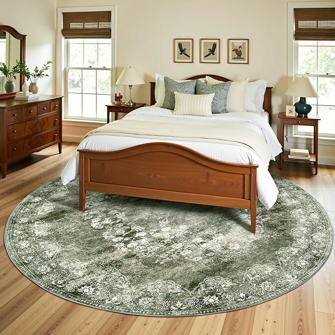 jinchan Round Rug 8ft Area Rug - Green Vintage Floor Mat Kitchen Indoor - Washable Circle 8' Thin Floral Print Carpet Retro Farmhouse Non Slip Dining Room Living Room Bedroom Office-CubbioJoy