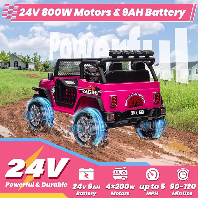 24V 4WD Ride on Truck Car w/800W Motors, Gift Flower, Remote Control, 2 Seaters, Light Bar, 3 Speeds, Pop Music, Power Four Wheels, 24 Volt Ride on Toy Car for Big Kids, Rose Red-CubbioJoy
