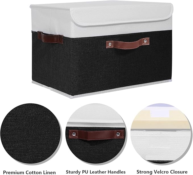 ANMINY 2PCS Storage Boxes with Lid Washable Decorative Storage Bins Basket with PU Leather Handle Foldable Linen Fabric Storage Cubes Containers for Home Closet Organizer - Black White, Large Size-CubbioJoy