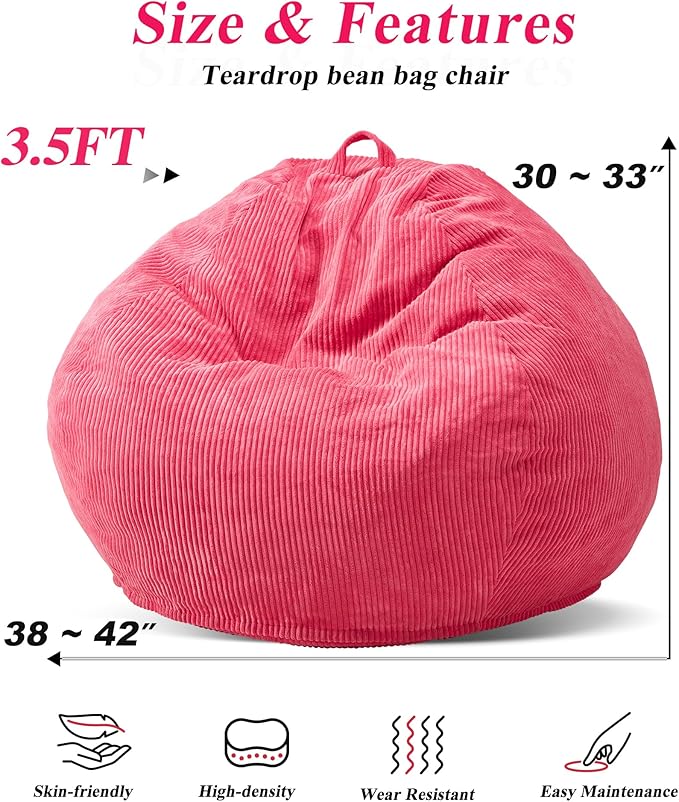 3.5FT Bean Bag Chairs Teardrop Bean Bag Chair for Adults Beanbag Chair with Memory Foam Filled Machine Washable Cover for Living Room, Bedroom (Large,Pink)-CubbioJoy
