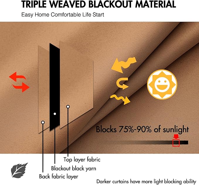 ANRODUO Back Tab Blackout Curtains for Bedroom Living Room, Rod Pocket Pinch Pleated Thermal Insulated Room Darkening Curtains 63 Inches Long 2 Panels, Brown, 42 x 63 Inch-CubbioJoy