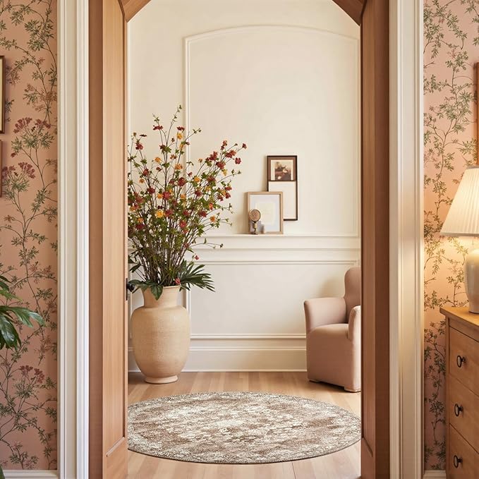 jinchan Round Rug 5ft Area Rug - Brown Vintage Floor Mat Kitchen Indoor - Washable Circle 5' Thin Floral Print Carpet Retro Farmhouse Non Slip Dining Room Living Room Bedroom Office-CubbioJoy