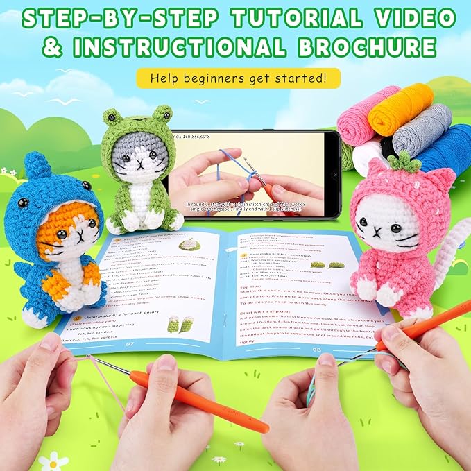 Crochet Kit for Beginners - 3 PCS Crochet Kits with Step-by-Step Video Tutorials, Beginner Crochet Kit for Adults Kid, Crochet Animal Kit for Starters, Cat Dressed as Shark Frog Strawberry-CubbioJoy