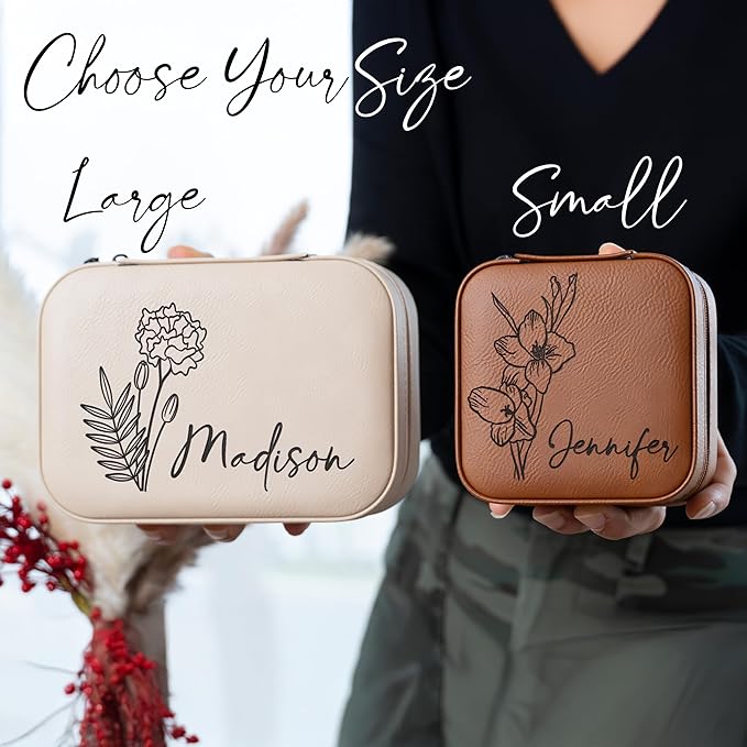 Custom Leather Jewelry Box w/Name & Birth Flower Month - Birthday Gifts for Women, Personalized Jewelry Travel Case - Customized Jewelry Organizer Box, Mom Birthday Gifts - Emerald-CubbioJoy