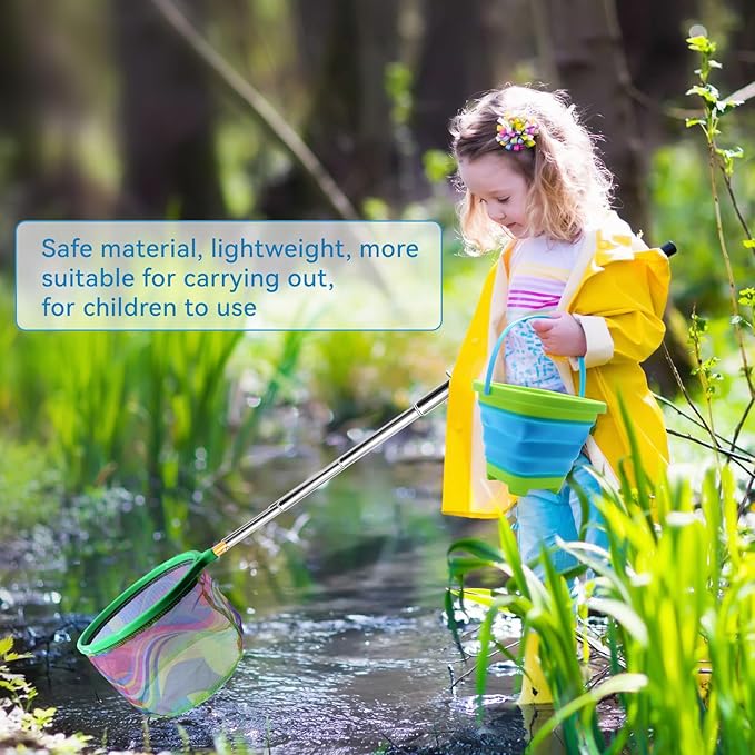 2PCS Fishing Net with Bucket, Telescopic Fishing Landing Net, Collapsible Kids Sand Bucket, Kids Fish Butterfly Catching for Freshwater Saltwater Outdoor Activities-CubbioJoy