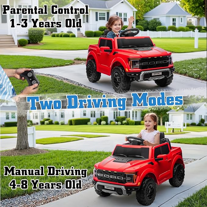 12V Ride on Car Licensed Ford F-150 Raptor, Kids Electric Car with Remote Control, LED Light/Music/MP3, Truck Bed Storage, 3-Point Seat Belt (12V, Red)-CubbioJoy
