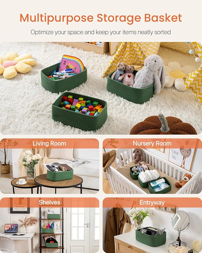 KALLAX Small Woven Basket, 12 x 8 x 4.5 Inches, Storage Basket for Organizing, Cute Small Rope Shelf Closet Cube Storage Bins Baskets for Shelves, Dog Toy Gift Baskets Empty, 3 Packs, Green-CubbioJoy