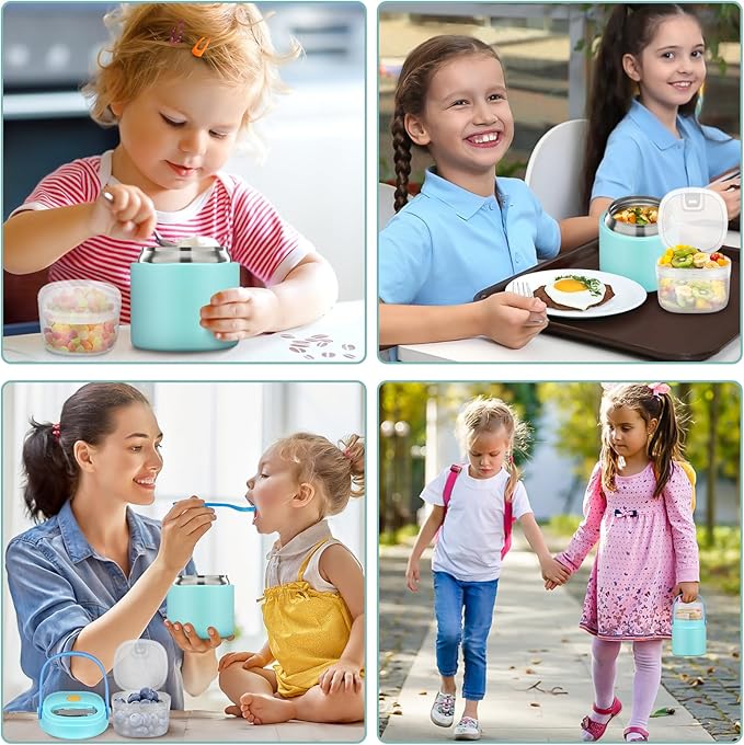 2-in-1 Insulated Food Jar & Snack Container - 15oz Kids Soup Thermos for Hot Food with Handle and Spoon, Leak Proof Reusable Toddler Snack Box, Perfect for School & Travel, Tiffany Blue-CubbioJoy