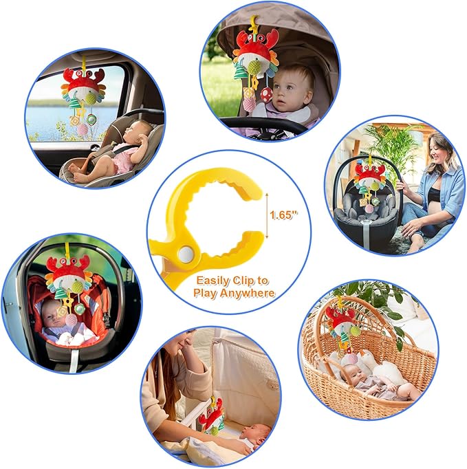 Car Seat Toy for Babies 0-6 Months, Stroller Toy with a Convenient clip, Carseat Toys Hanging Baby Accessories,Built-In Bell, Rattle,Squeaky,Mirror for infant,Babies Gift 0-3-6-12 months Boy Girl-CubbioJoy