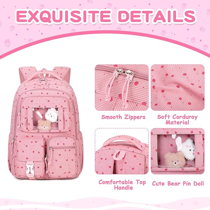 Corduroy Backpack Kids Backpack for Girls School Bags for Middle School Students Book Bag for Elementary Primary Kawaii Ita Backpack, Pink Strawberry-CubbioJoy